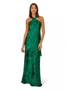 Adrianna Papell Emerald Green Crisscross Halter Maxi Dress